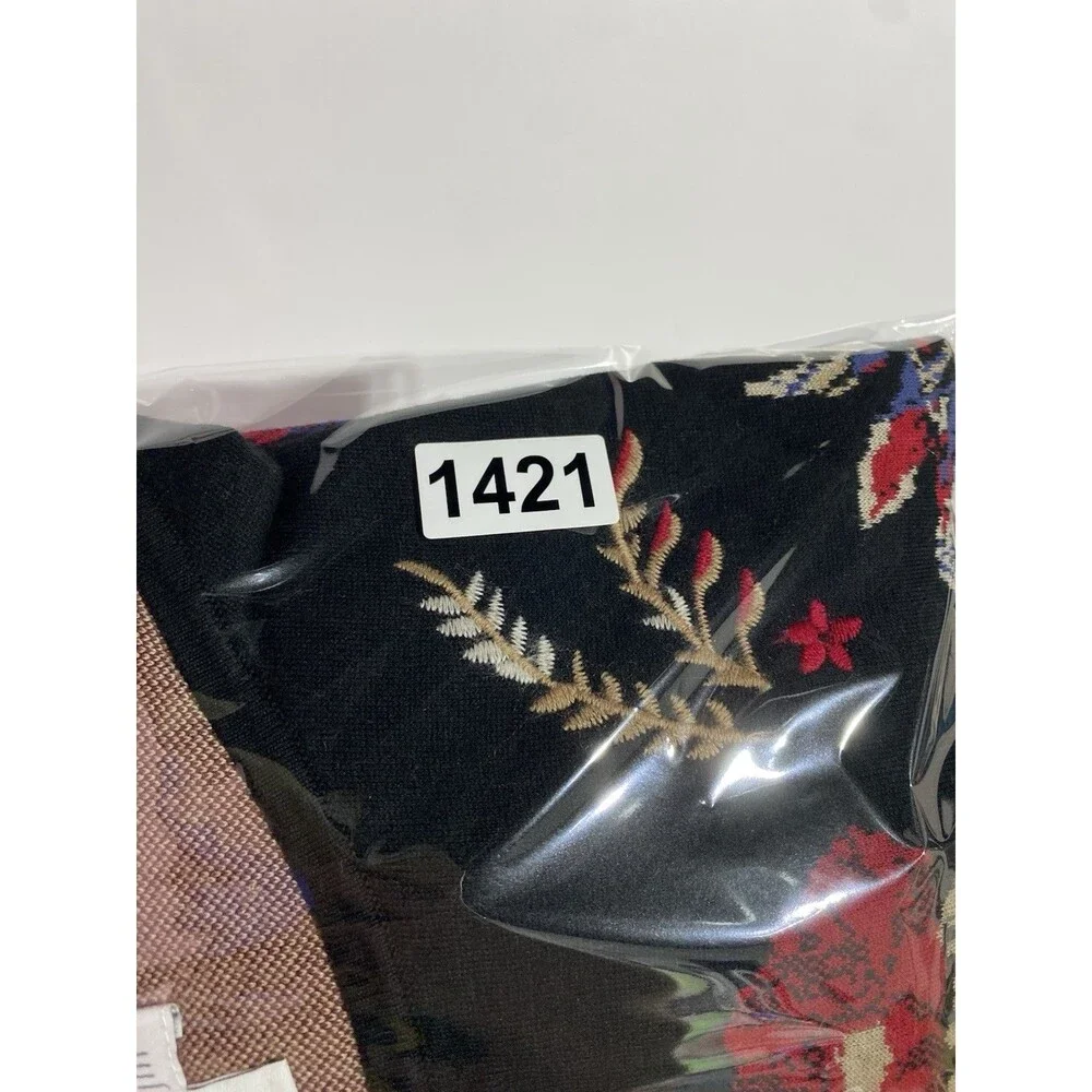 J Jill Sweater Large Black Red Embroidered‎ Floral Boho Cottagecore Feminine